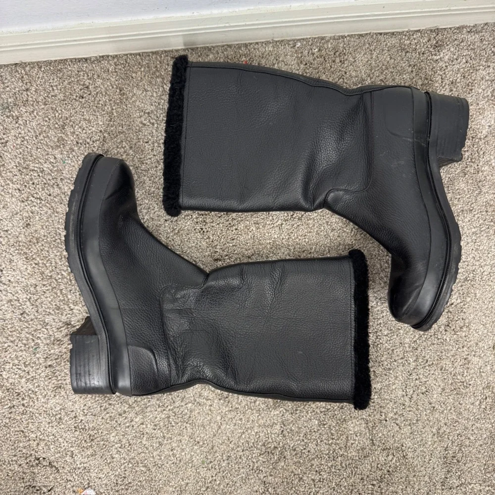 Hunter Refined Pebbled Leather Faux Fur Lined Mid Calf Rain Boots Black Womens